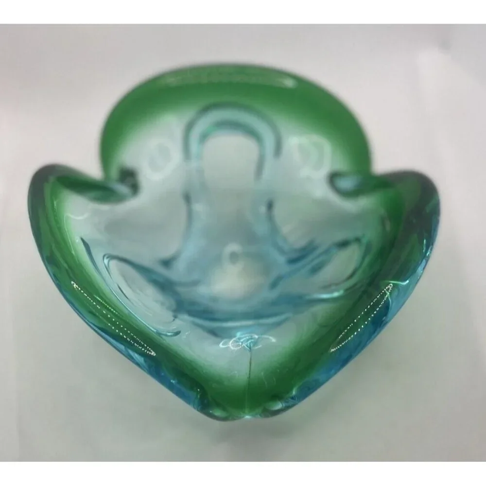 Studio Art Glass Dish Bowl Green Blue Clear Smooth Bottom 8